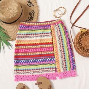 Chevron Embroidery Fringe Trim Split Hem Skirt